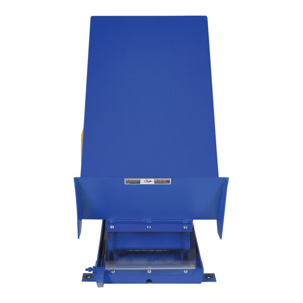 A blue metal Vestil tilt table with a white sticker on the side.