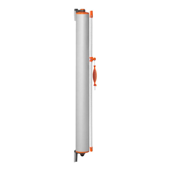 A white cylinder with orange accents and a handle.