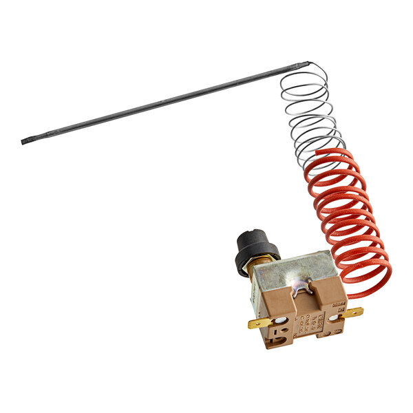 A metal and plastic high limit thermostat with a metal spring.