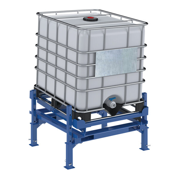 A white steel container on a blue steel tilt stand.