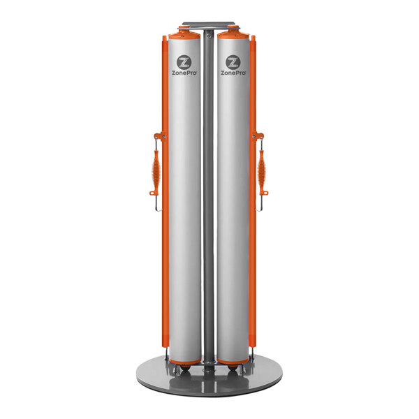 A silver metal ZonePro dual rolling stanchion with orange accents.