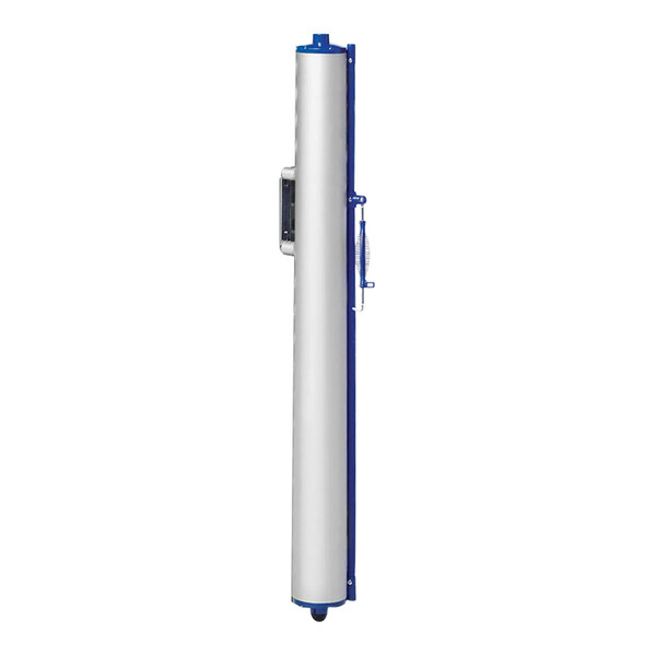 A white portable safety banner with blue accents including a handle.