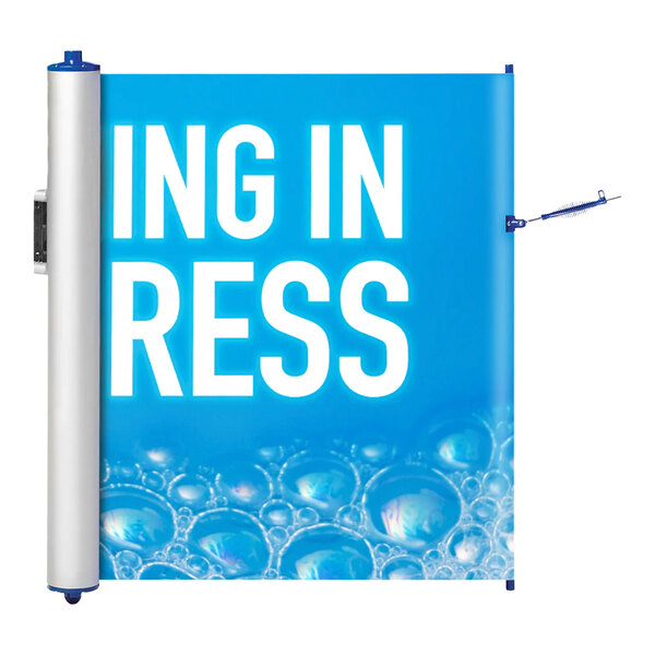 A white safety banner with a blue border and white text.