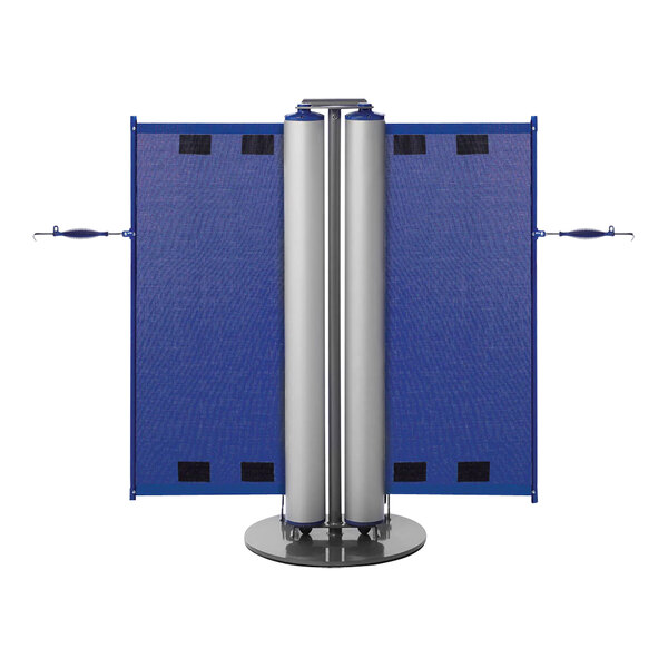 A close-up of a ZonePro metal pole with blue safety banners hanging on it.