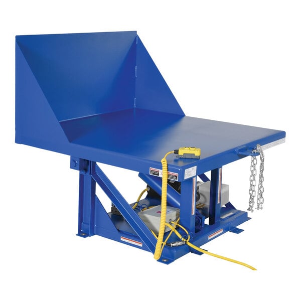 A blue Vestil tilt table with chains attached.