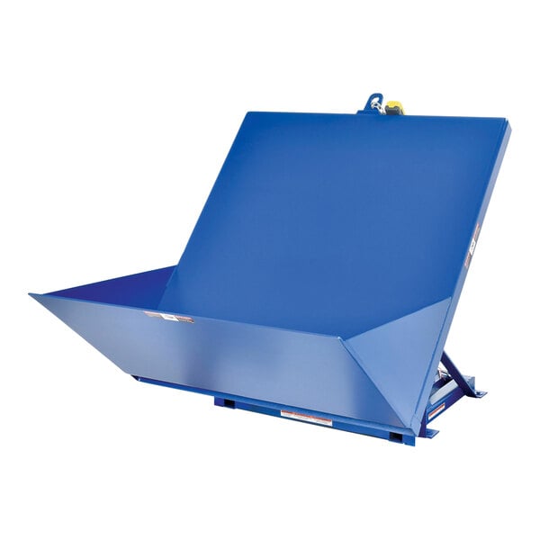 A blue metal Vestil tilt table with a blue platform.