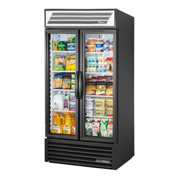 A True 2-door glass door refrigerator with LED lighting.