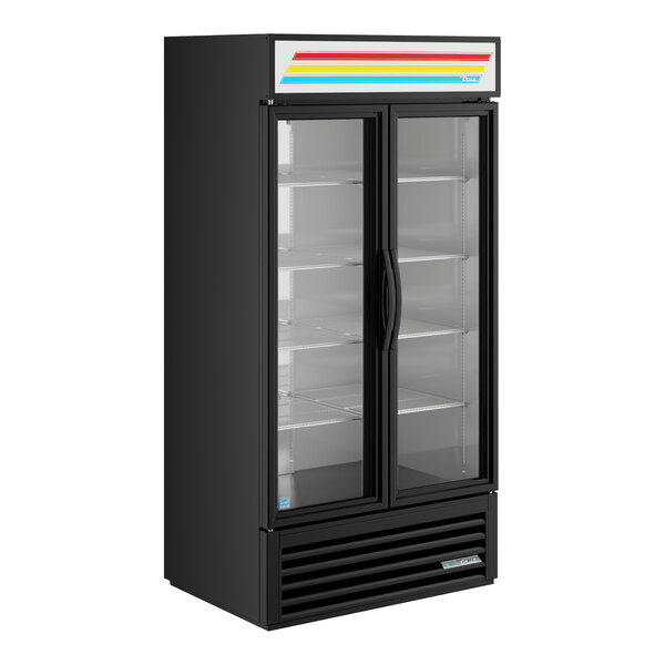 A black refrigerated glass door merchandiser with LED lighting and multiple shelves.