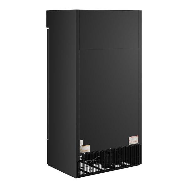 A black refrigerated glass door merchandiser with LED lighting.