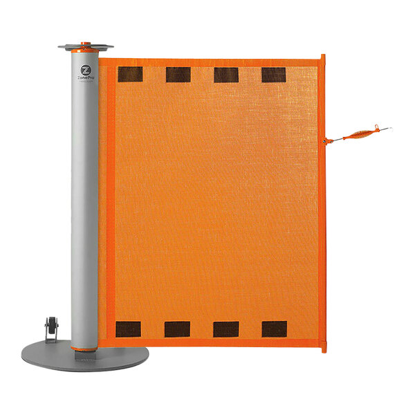A ZonePro single rolling stanchion with an orange safety banner on a metal pole.