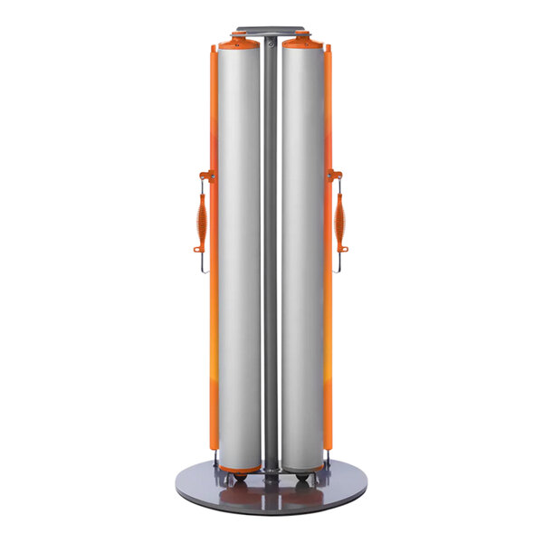 A silver ZonePro Dual Rolling Stanchion with orange safety banners on metal poles.