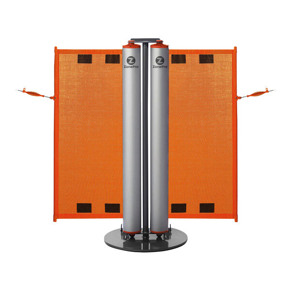 A close-up of a silver metal ZonePro dual rolling stanchion with orange safety banners.
