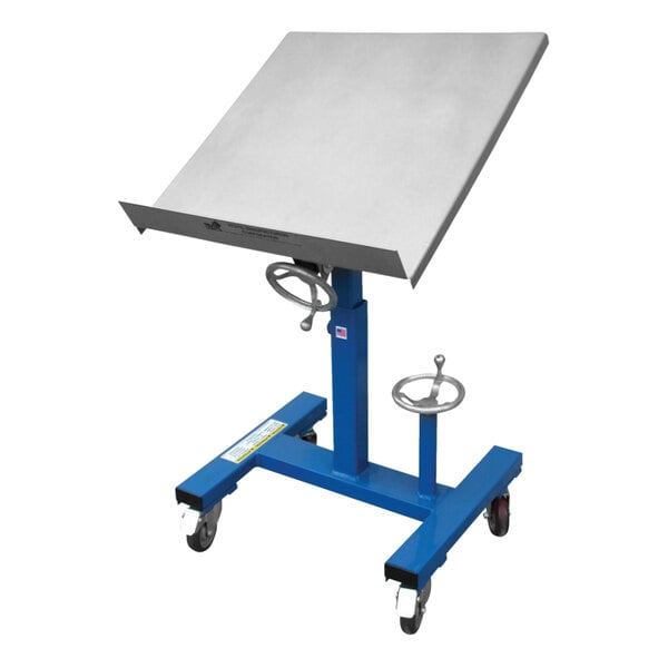 A white Vestil mobile lift/tilt table with a rectangular platform and wheels.