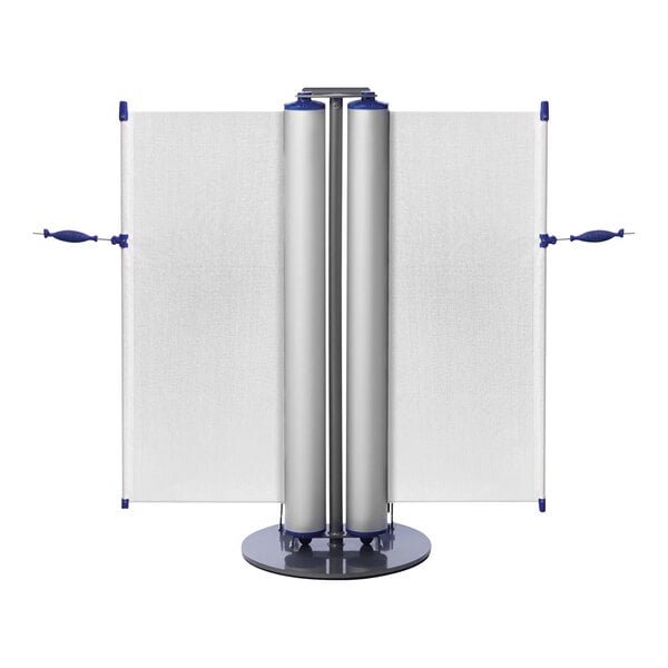 A ZonePro dual stanchion with white safety banners and blue accents on the poles.