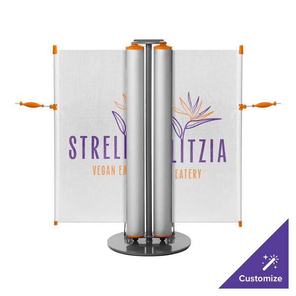 A ZonePro dual rolling stanchion with white banners and orange and purple text.