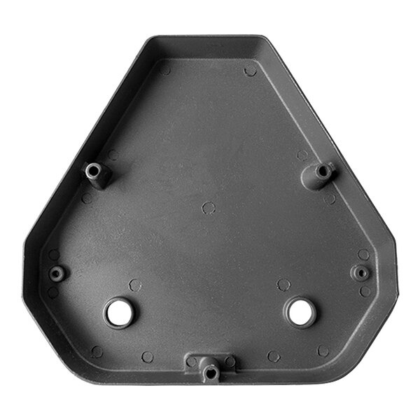 A grey metal gear cover with holes.