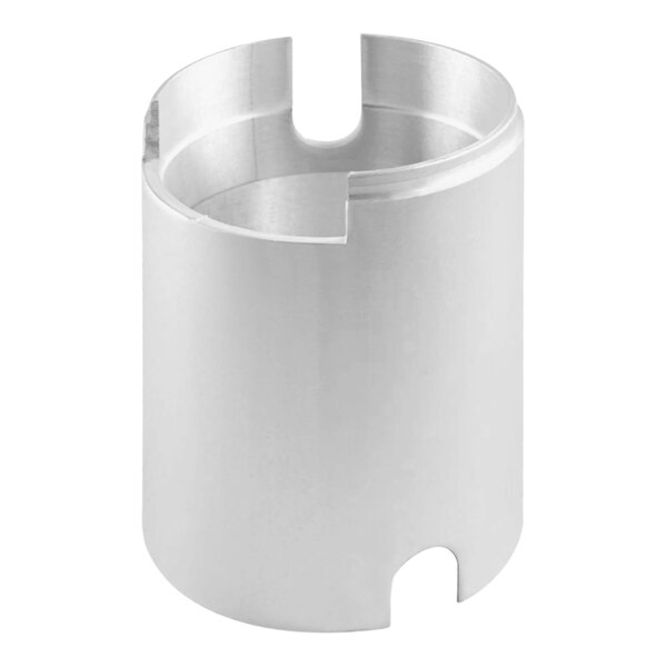 A white cylindrical distance piece with a hole in it.