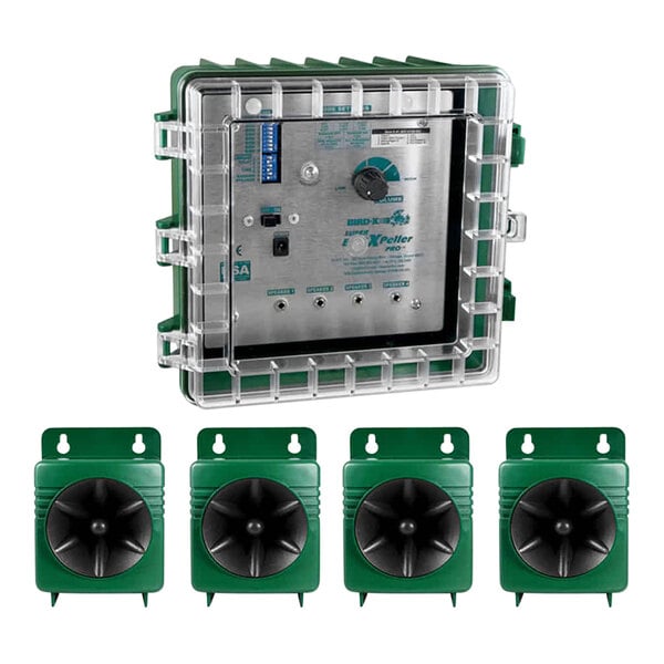 A green and black Bird-X Super BirdXPeller Pro with four speakers.