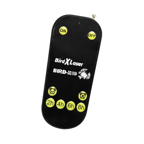 A black rectangular Bird-X laser deterrent with yellow circles and white text.