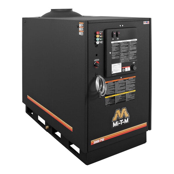 A black rectangular Mi-T-M natural gas pressure washer with red and yellow buttons.
