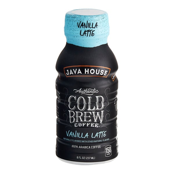 A black Java House cold brew bottle with blue and white text on a black plastic container with white text.