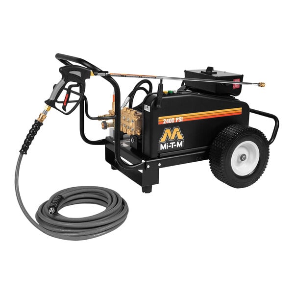 A black Mi-T-M electric pressure washer with a hose.