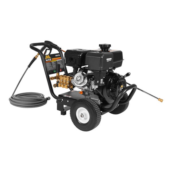 A close-up of a black Mi-T-M pressure washer with a hose.