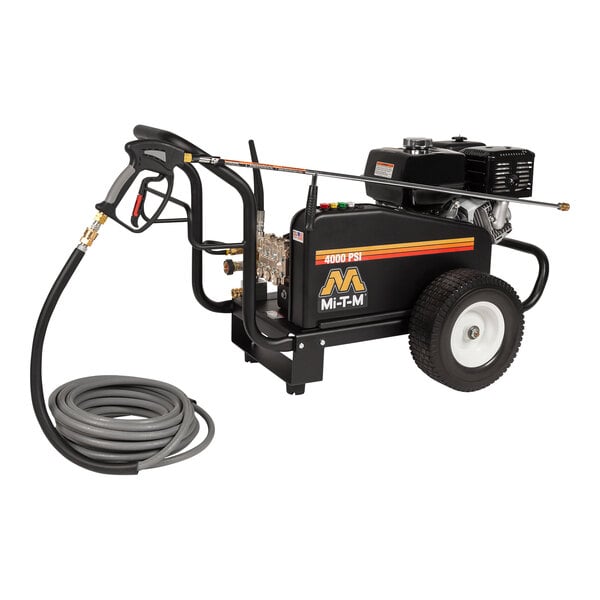 A Mi-T-M black pressure washer with a hose.