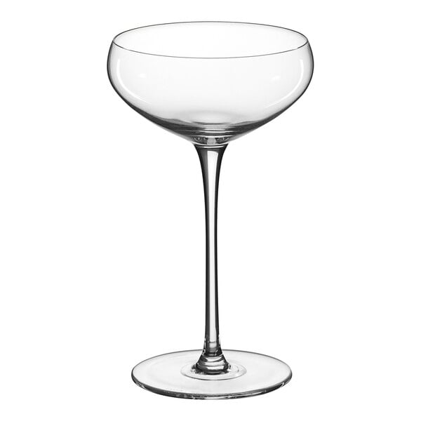 A clear wine glass with a long stem.