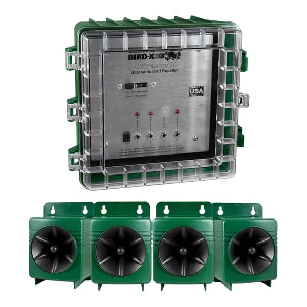 A green and black Bird-X Ultrasonic bird repeller with three green speakers.