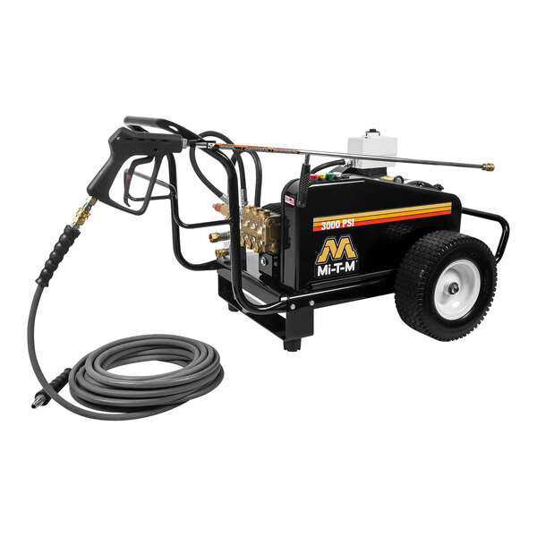 A black Mi-T-M electric pressure washer with a hose.