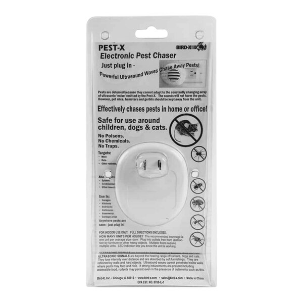 A white electronic Bird-X Pest-X Plug-In Ultrasonic Pest Repeller in a package with a white label with black text.