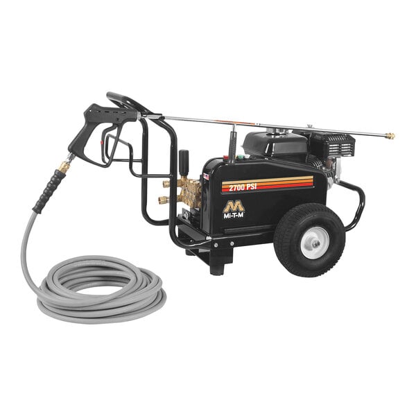 A white Mi-T-M pressure washer with a hose.