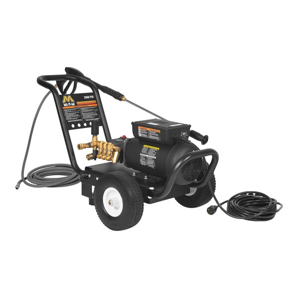 A black Mi-T-M electric pressure washer with a hose.