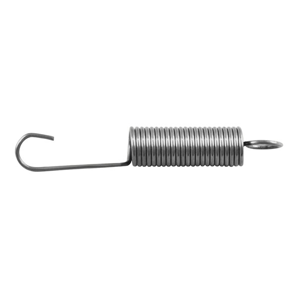 A close-up of a CRB Cleaning Systems E9 metal extension spring with a hook on it.