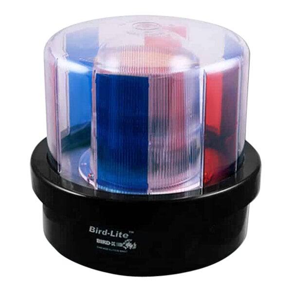 A close-up of a Bird-X Bird-Lite with blue and red lights.