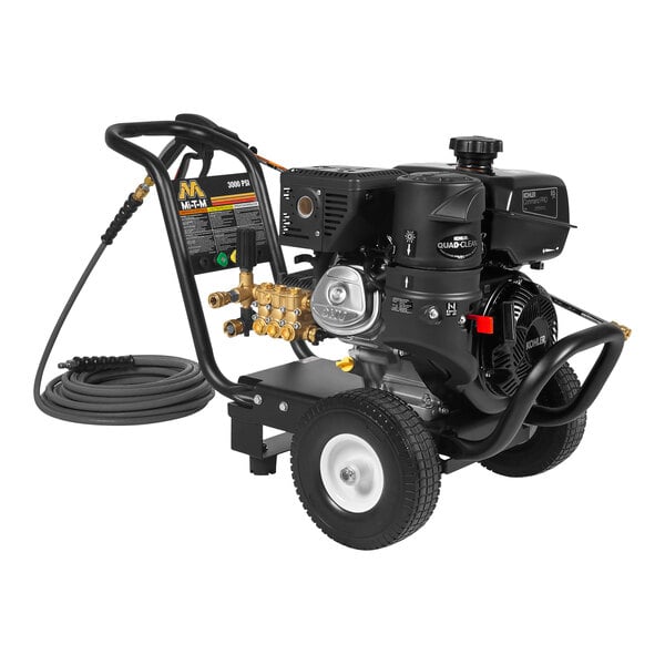 A black Mi-T-M pressure washer with a hose.