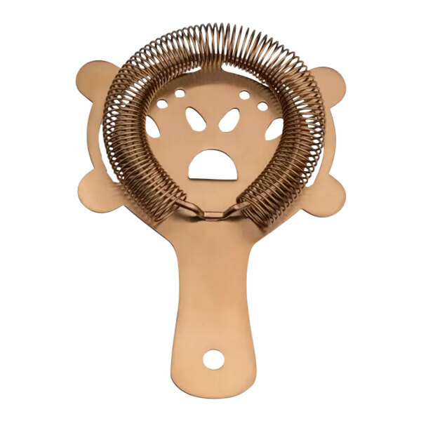 A bronze copper Hawthorne strainer with a metal coil on a handle.