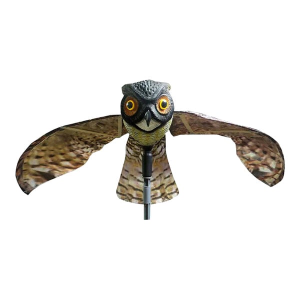 The head of a Bird-X OWL Prowler decoy owl on a stick.