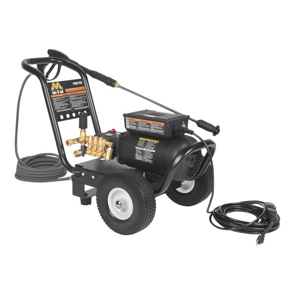 A black Mi-T-M electric pressure washer with a hose.