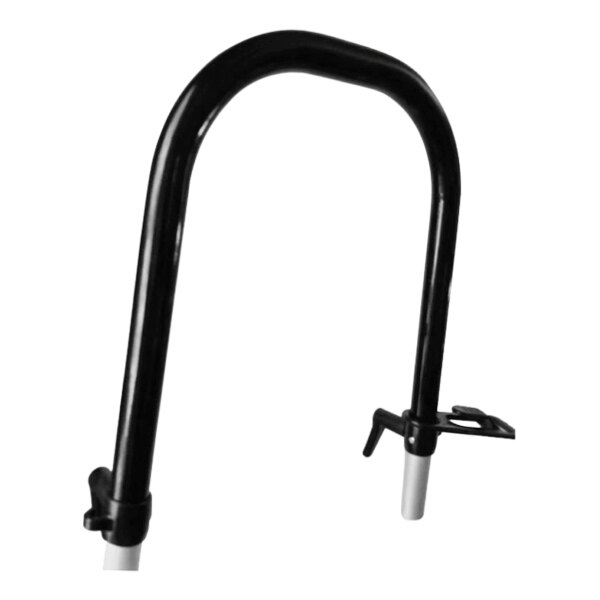 The upper part of a black and silver metal CRB handle with a white background.