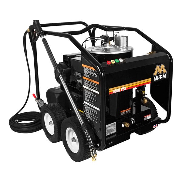A black Mi-T-M electric hot water pressure washer with wheels and a hose.