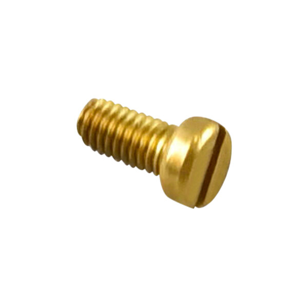 A close-up of a gold CRB Cleaning Systems screw with a round head.