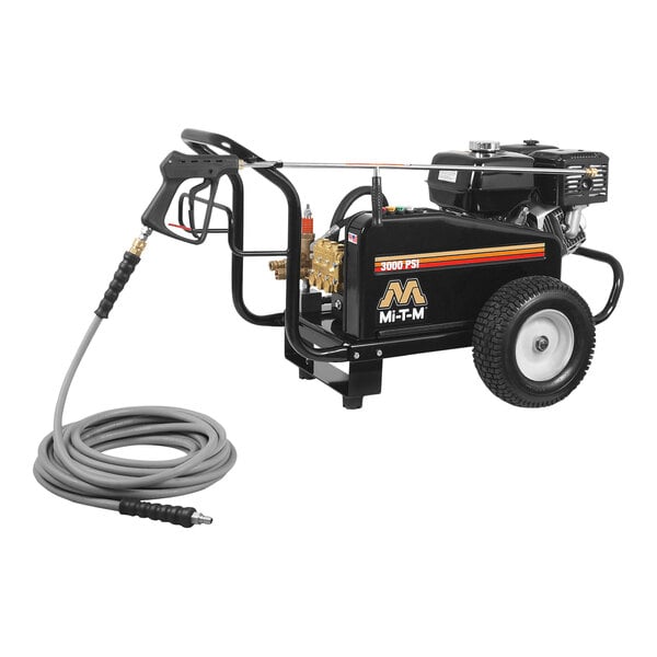 A Mi-T-M pressure washer with a hose.