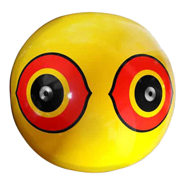 A yellow Bird-X Scare-Eye balloon with red and black eyes.