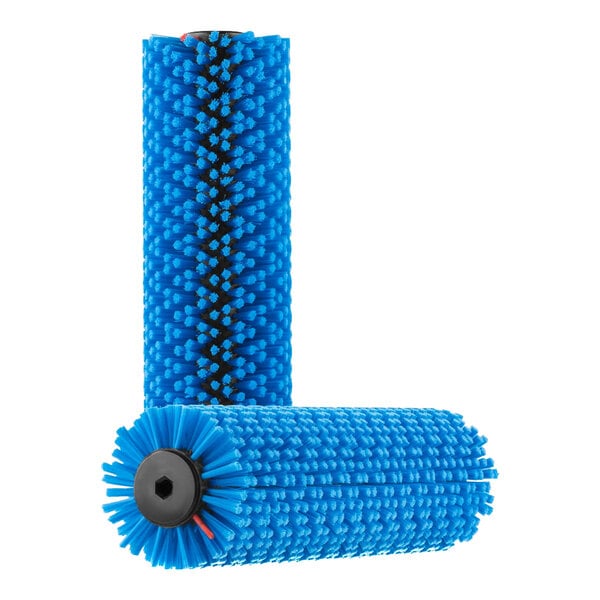 A close-up of a pair of blue CRB cleaning brushes with black handles.