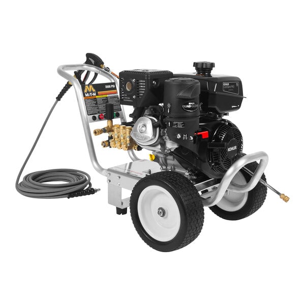 A Mi-T-M cold water pressure washer with a hose and wheels.