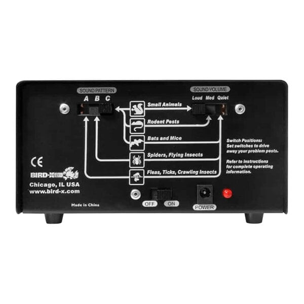 The back of a Bird-X Transonic PRO electronic device.
