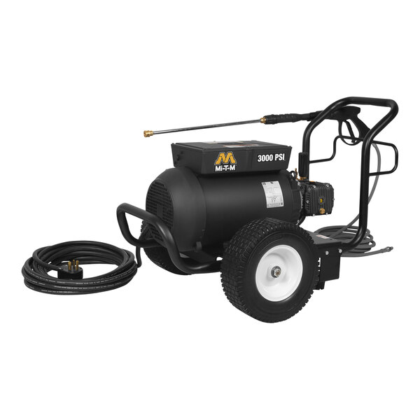 A black Mi-T-M electric pressure washer with a hose.