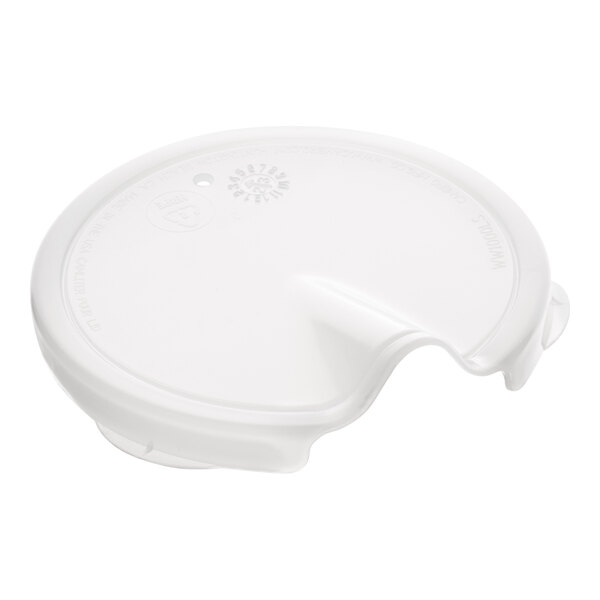A white plastic lid for a Cambro beverage decanter with a small hole in it.